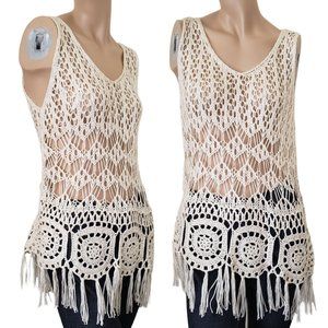 EM Boho Crochet Fringe Knitted Tank Top SZ M Ivory
